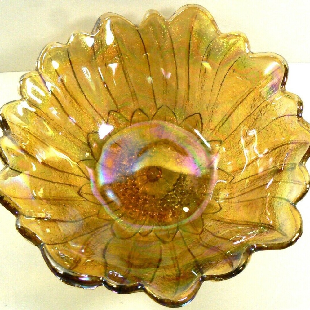 Indiana Carnival Golden Amber iridized Marigold Sunflower Glass Candy Dish Bowl